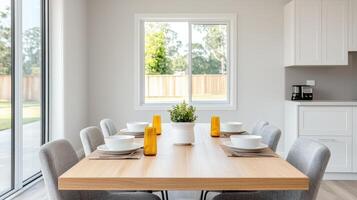 Elegant dining experience in modern kitchen background minimalist design natural light inviting atmosphere photo