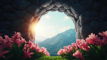 Sunlight streaming through stone archway floral background nature scene mountain view serene landscape photo