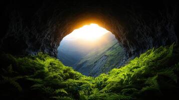 Exploring a serene cave viewpoint with lush green background nature landscape mountainous environment photo