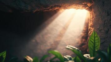 Sunlight streaming through cave opening nature background close-up view serene environment photo