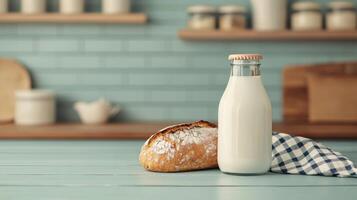 Fresh milk bottle and crusty bread on table cozy kitchen background still life photography warm atmosphere photo