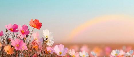 Vibrant flower field with rainbow background nature scene peaceful environment scenic viewpoint photo