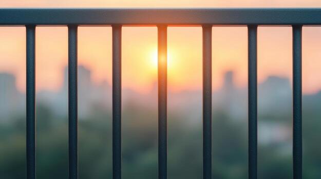 Sunrise behind cityscape beautiful background with railings urban environment blurred viewpoint photo