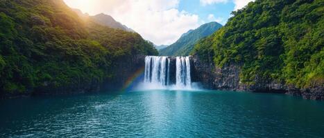Majestic waterfall cascade tropical paradise high-resolution image lush background aerial view nature's beauty photo