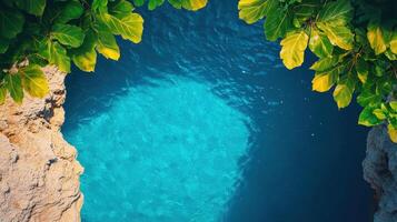 Serene blue water pool surrounded by lush greenery nature background aerial view tranquil environment photo
