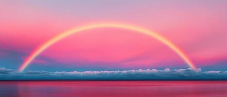 Stunning rainbow appears over calm ocean at sunset vibrant background and serene atmosphere photo