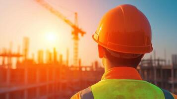 Construction worker observing sunset over urban development site industrial background inspirational content professional perspective photo