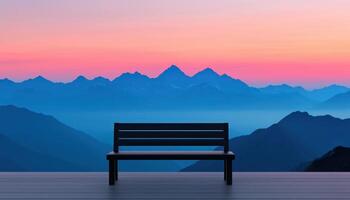 Serene sunset over mountains bench in foreground nature landscape tranquil background atmosphere photo