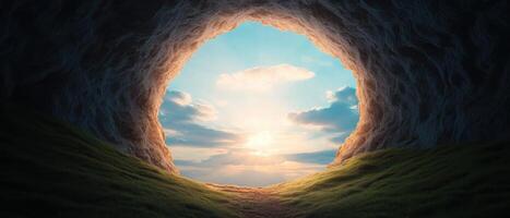 Cave entrance with scenic background nature exploration outdoor landscape daylight viewpoint tranquil environment photo