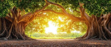Sunlit nature scene enchanted forest landscape photography tranquil environment warm background elements photo
