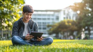 Young student engaged with tablet urban park digital content green background outdoor setting photo