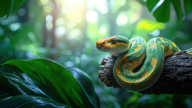 Captivating green python on a branch lush jungle background wildlife photography natural environment close-up view photo