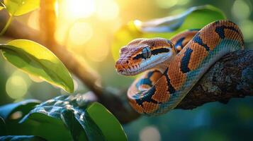 Colorful python snake on tree branch lush jungle background wildlife photography natural environment close-up view photo