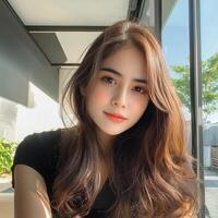 Captivating portrait of a young woman bright modern background lifestyle photography indoor setting close-up perspective photo