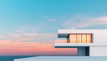 Modern architecture house overlooking ocean at dusk with stunning background and scenic view photo