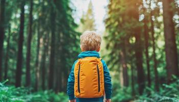 Child adventurer in lush forest background nature exploration outdoor play bright environment back view photo