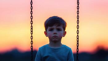Child on swing at sunset emotional background captivating photography serene outdoor environment thoughtful viewpoint photo
