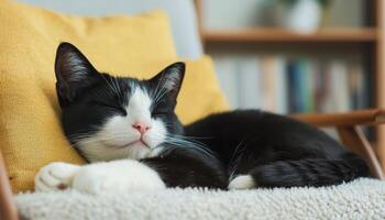 Calm cat sleeping on a cozy couch with yellow background indoor lifestyle peaceful home environment photo