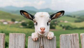 Playful goat posing at a rustic fence with rolling hills in the background captured in a bright outdoor environment photo