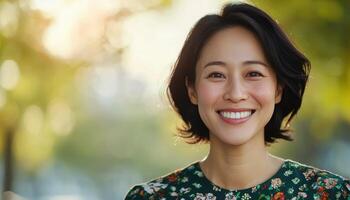 Joyful woman smiling in nature background close-up portrait bright environment warm atmosphere photo