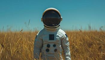 Astronaut standing in a field rural landscape photography clear background upbeat concept photo