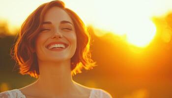 Joyful woman smiling at sunset outdoor setting portrait with vibrant background warm atmosphere photo
