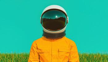 Astronaut in orange suit standing against vibrant background in lush green field surreal scene outdoor perspective photo