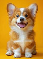 Playful corgi puppy bright yellow background pet portrait cheerful environment close-up viewpoint photo