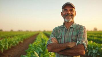 Farmer smiling in vibrant tobacco field at sunset nature background lifestyle portrait rural environment photo