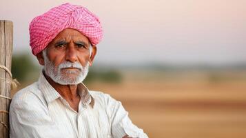 Elderly man in traditional attire against a rural background captured in a serene evening landscape photo