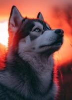 Majestic Husky dog against sunset background outdoor photography nature scenic view tranquil environment photo