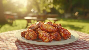 Outdoor barbecue event featuring delicious chicken wings in a sunlit garden background photo