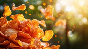 Crispy potato chips in motion outdoor setting food photography vibrant background close-up view fun concept photo