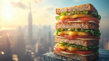 Delicious multi-layer sandwich against iconic city background food photography urban setting daylight photo