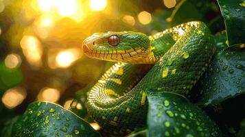 Green snake among lush leaves rainforest background wildlife photography natural habitat close-up view nature concept photo