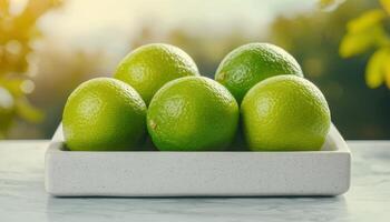 Fresh green limes kitchen counter food photography natural background close-up view culinary concept photo