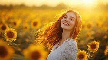 Joyful woman in sunflower field nature background lifestyle photography bright environment warm viewpoint photo