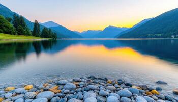 Tranquil sunrise reflection over lake with scenic mountains in background nature photography serene environment photo