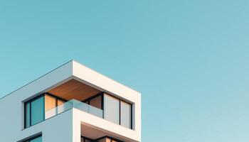 Modern architectural building against clear blue sky background urban environment high angle view photo