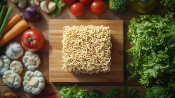 Preparing delicious ramen noodles with fresh vegetables kitchen background culinary art aerial view healthy eating photo