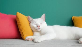 Sleeping cat on couch with colorful cushions in a relaxing background cozy indoor environment photo