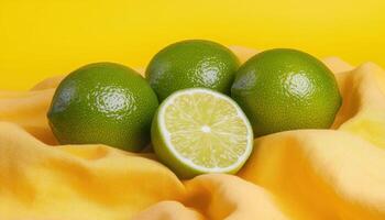Fresh limes on yellow background food photography vibrant and artistic close-up view culinary concept photo
