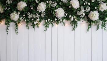 Elegant white floral arrangement background indoor event nature aesthetic soft lighting serene ambiance photo