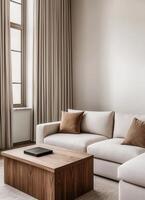 Modern living room with minimalist design cozy atmosphere soft colors elegant background photo