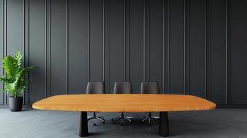 Modern conference room setting with oval table and green plant in a minimalist background for business meetings photo