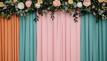 Floral decoration display with colorful drapery background event venue photography elegant setup close-up view photo