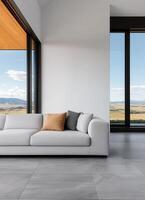 Modern living room with scenic background view sleek design minimalist style spacious environment bright light photo