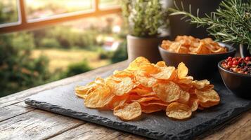 Crispy potato chips making process kitchen food photography warm background close-up viewpoint for delicious snacking photo