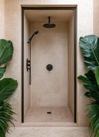 Elegant shower design with tropical plants modern bathroom minimalist aesthetic serene background luxurious space photo