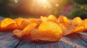 Golden potato chips on rustic table sunset background food photography outdoor setting close-up view snack concept photo